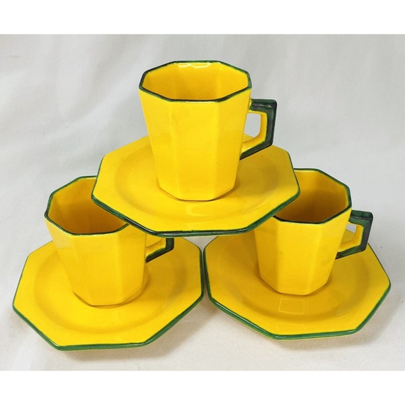 Les Grottes Dieulefit Other - Vtg Les Grottes Dieulefit France Caves Yellowware Espresso Cups Saucers - 3 sets